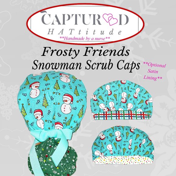 Womens Bouffant Scrub Cap Frost Friends Snowman Christmas Bonnet - Picture 1 of 7